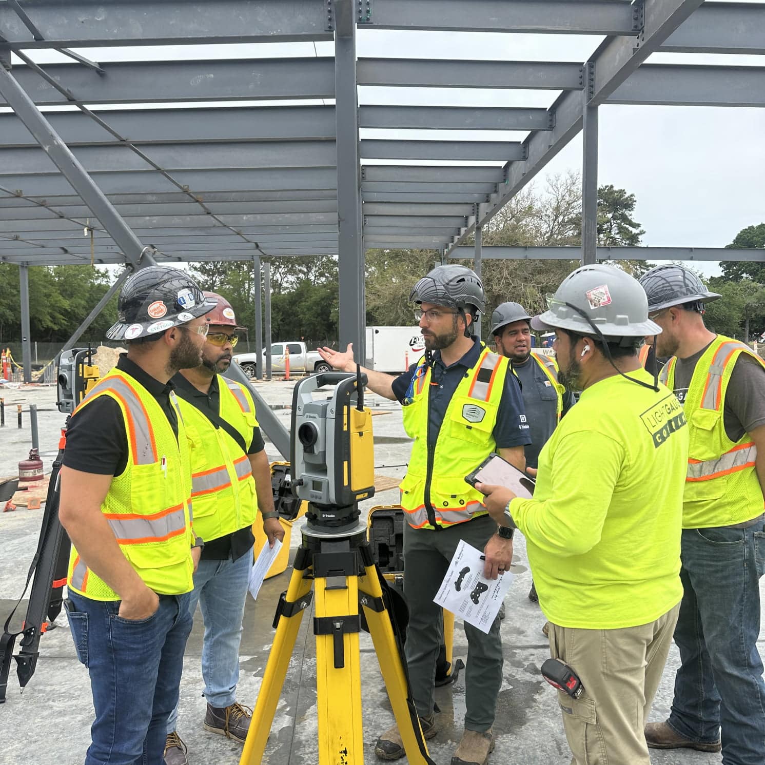 a group of six lightgauge co construction workers gathered around a surveying tool talking